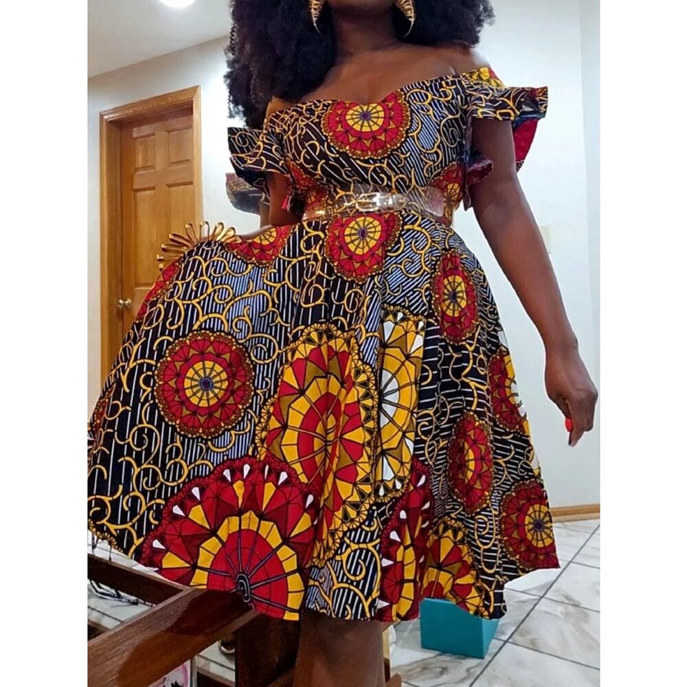 Akese Stylelines Red Lily Dress Size 16 African Print Off Shoulder